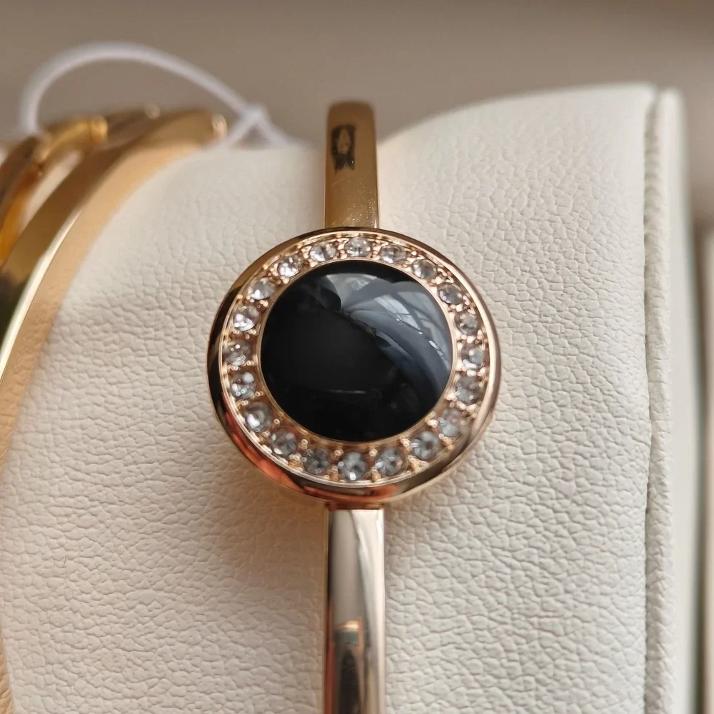 Anne Klein Womens Gold Tone Black Enamel Watch Round Bangle Bracelet Set Crystal